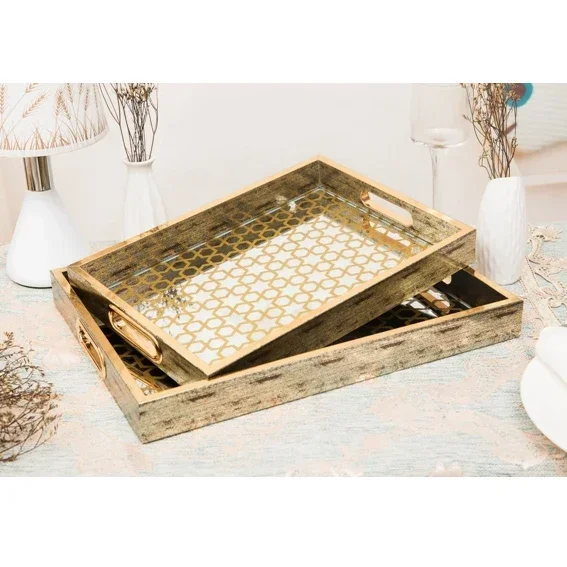 

Antique Frame Serving Tray PP ABS Plastic Coffee Table Tray with Handles Glass Storage Tray for Home Kitchen