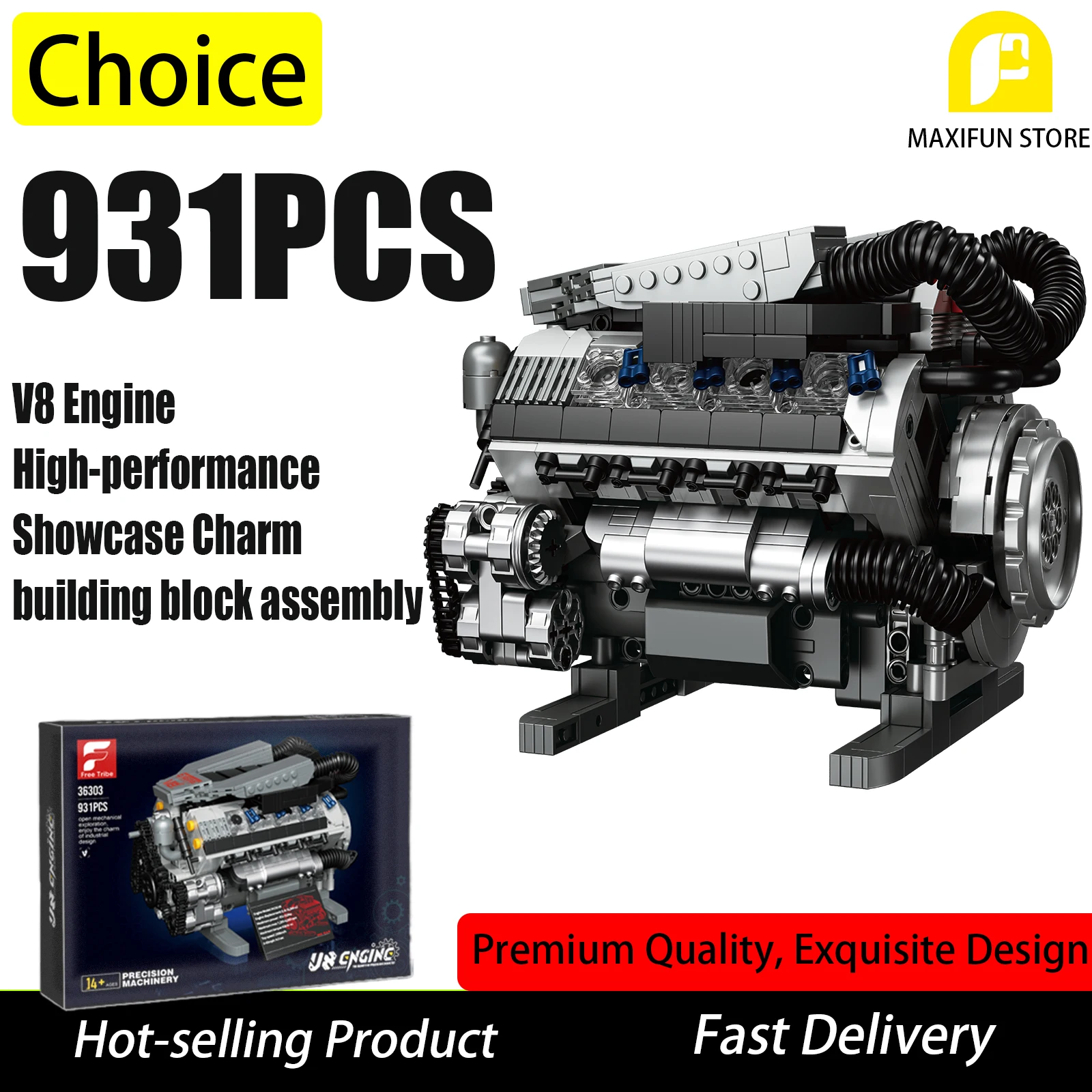 

931 шт. новый набор строительных блоков двигателя V8, на батарейках, сделай сам, сборная модель, украшение для рабочего стола, рождественский праздничный подарок для мальчиков