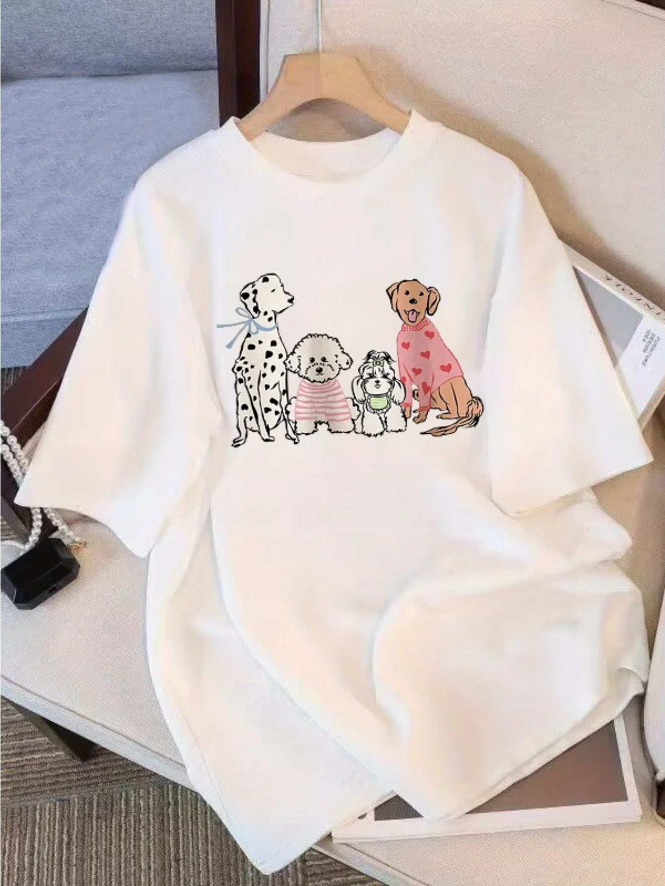 Ladies, Four Puppies, Personalized Cute Animals, Casual Women's Clothing, Round Neck T-shirt, Soft and Skin Friendly Top