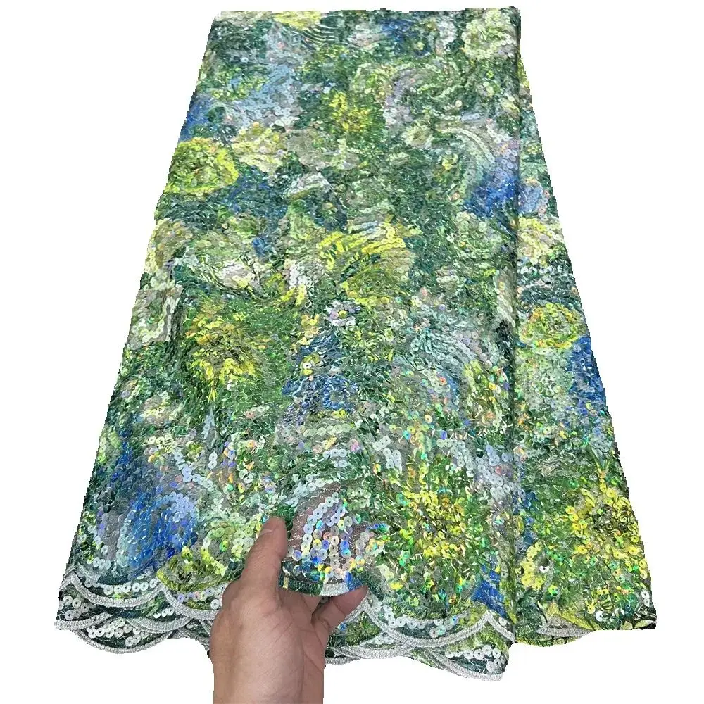 

Нигерийская африканская кружевная ткань высокого качества, ткань для шитья по метрам, блестки, 2025, тюль, свадебные платья, вышивка, сетка, 5 ярдов