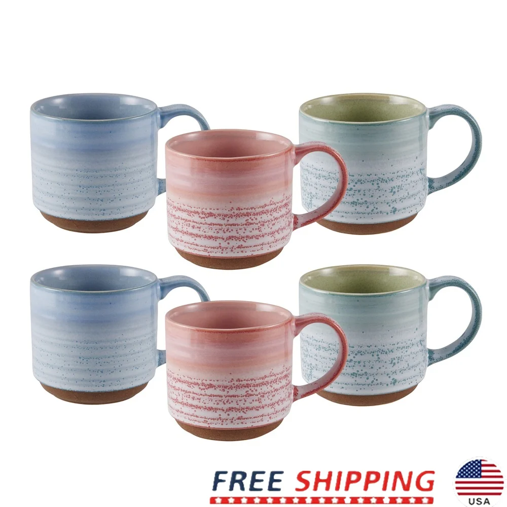 

Set of 6 Stoneware Mugs 15oz Reactive Glaze Dishwasher Microwave Safe Modern Design Clay Base Coffeehouse Style