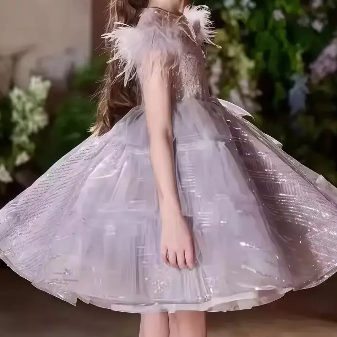 Vestido de Princesa Morado con Plumas, Vestido de Novia, Vestido de Dama de Honor, Vestido de Fiesta, Ropa Formal Elegante