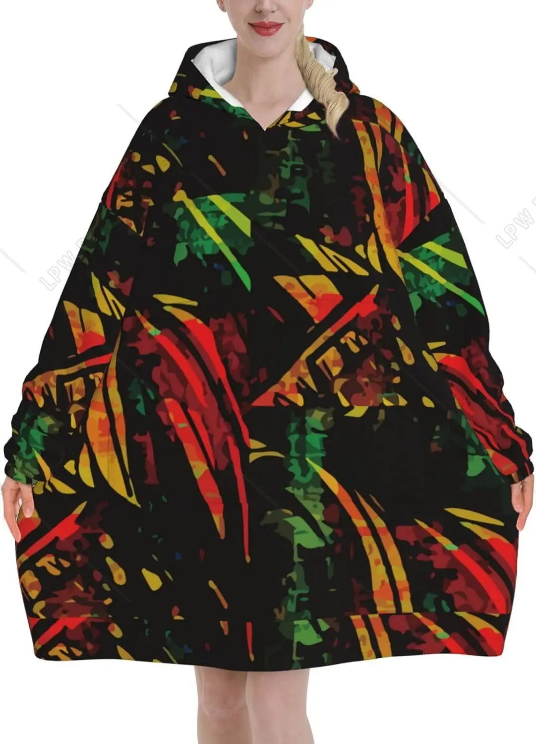 Oversized Flannel Wearable Blanket Hoodie for Adult Jamaica Hipster Rasta Soft Fuzzy Hooded Lounging Pullover Black