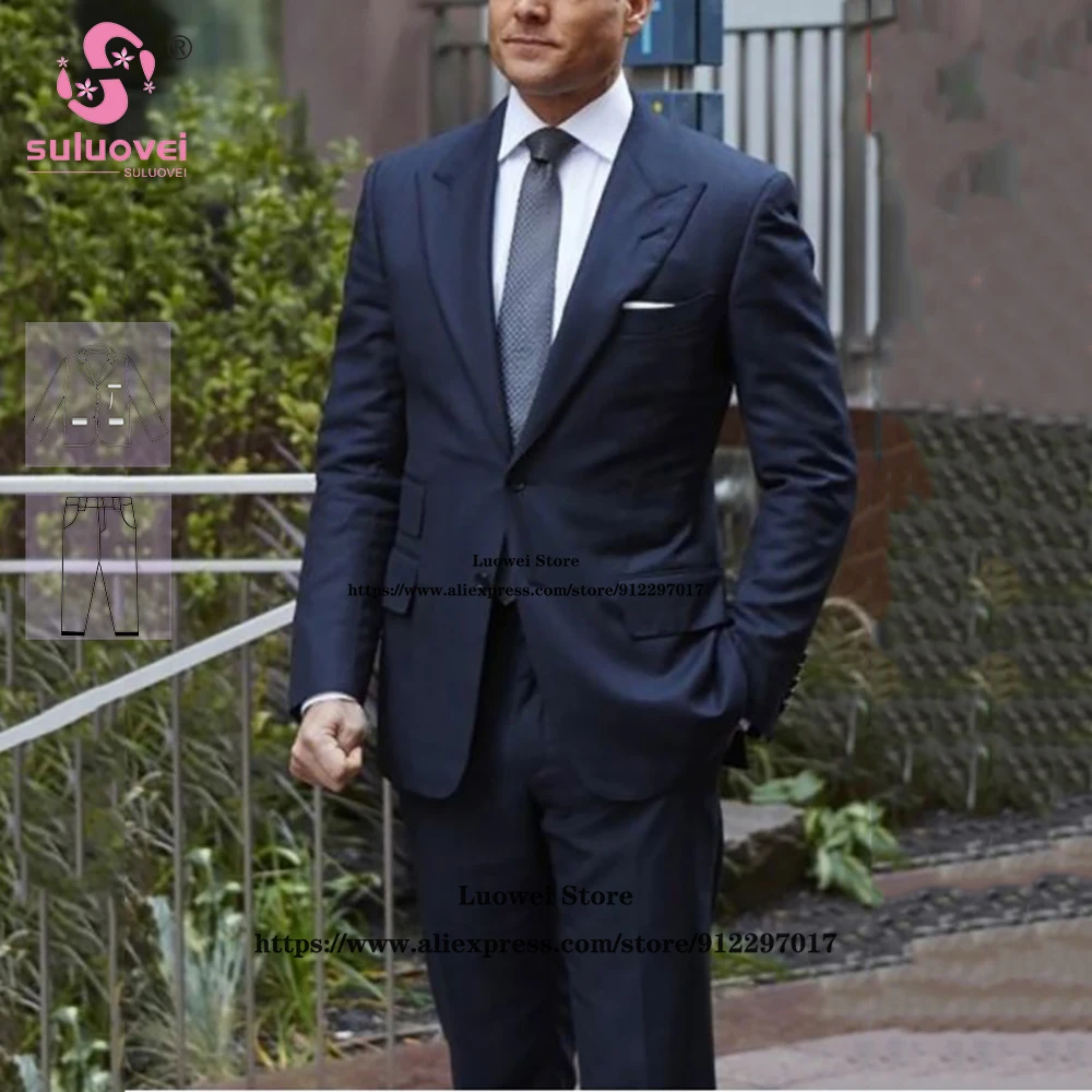 

Elegant Navy Blue Peaked Suit For Men Slim Fit 2 Piece Pants Set Formal Groom Wedding Party Prom Tuxedo Traje De Hombre Elegante