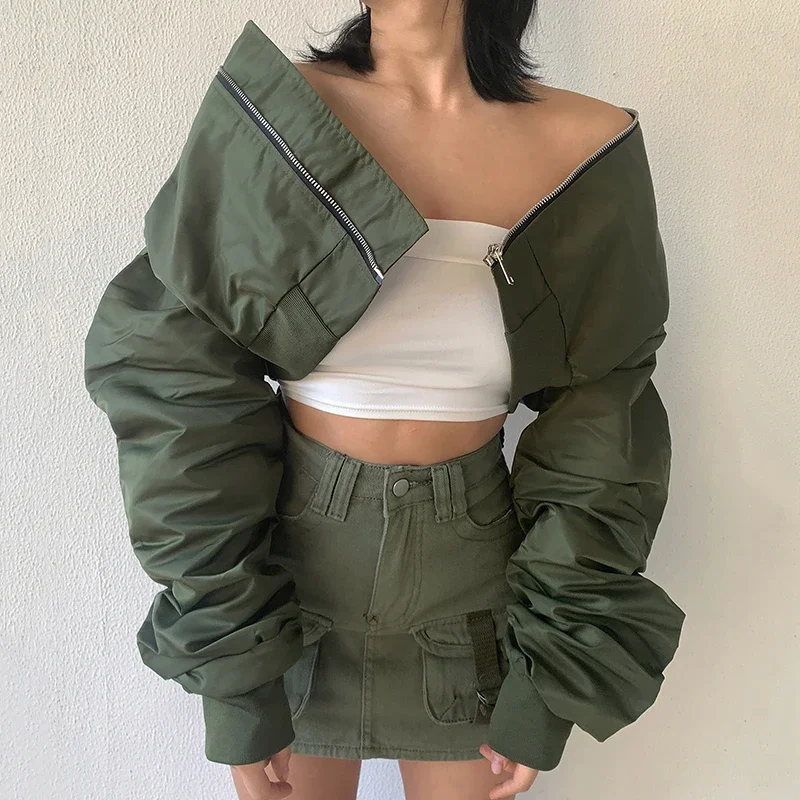 High Waisted Cropped Flight Jacket Women Spring Autumn Long Sleeved Folds Zipper Outerwear Casual Loose-fit Bomber Jackets Coat