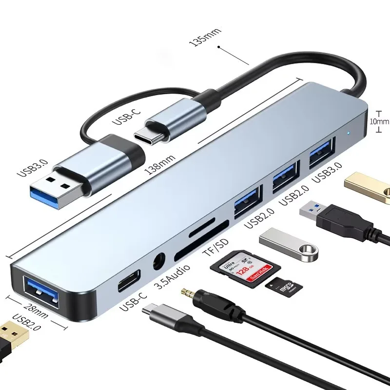 8 in 2   USB Type C Hub Docking Station with 3.5mm Audio Jack Micro SD Card Reader for Laptop Tablet Phone Disk Converter