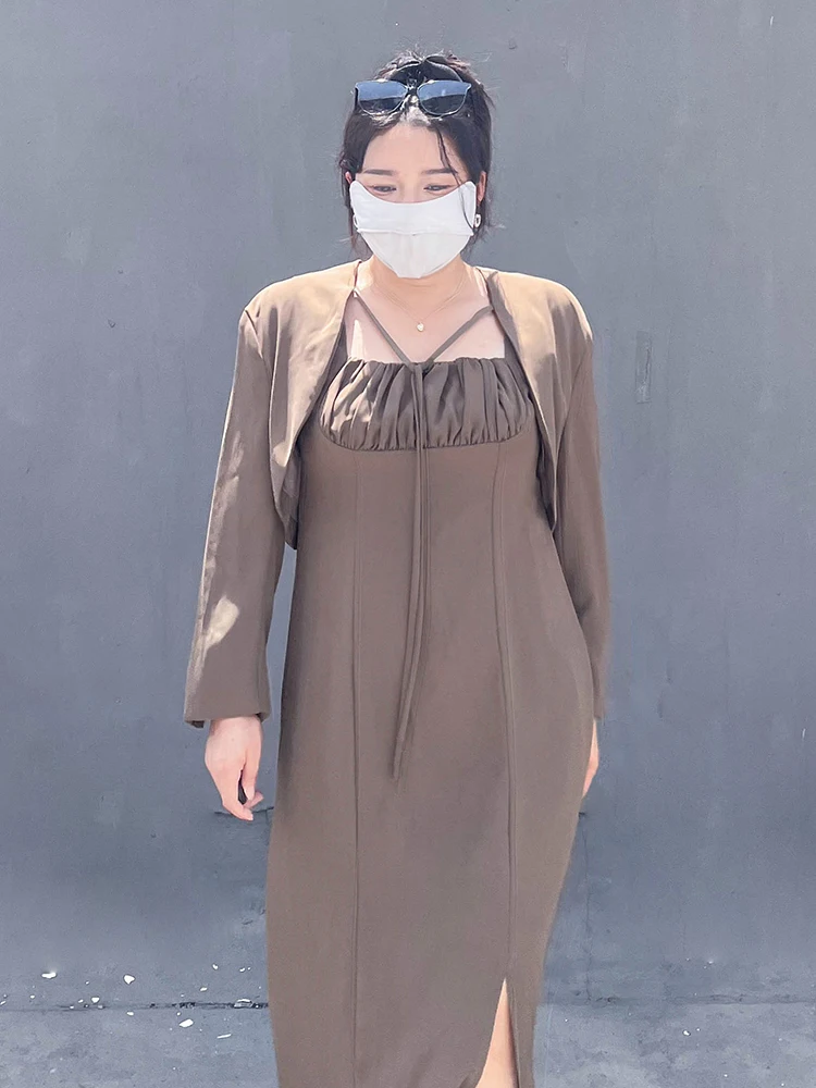 

Fashionable plus Size Women's Outfit Slimming Waist A-Line Vest Dress with Short Suit Jacket Autumn Commute Style Polyester F...