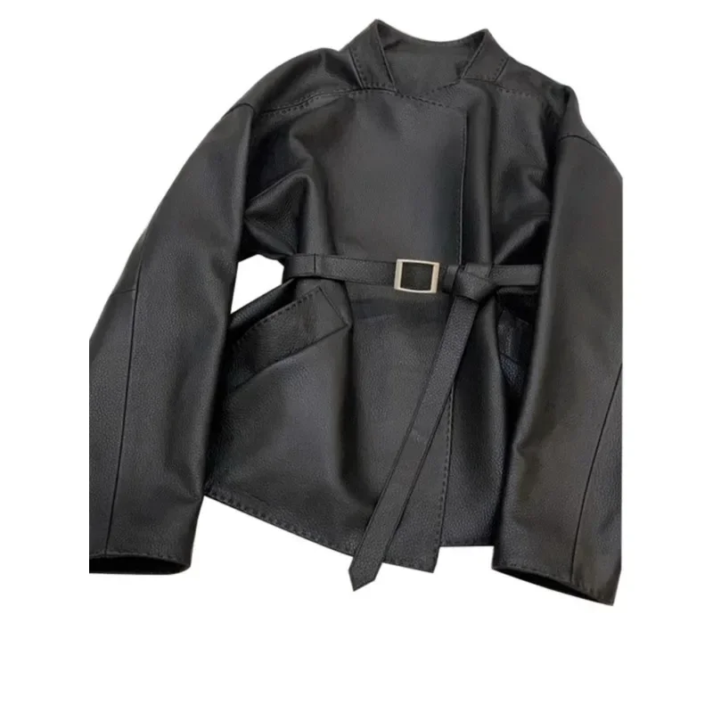 Long Leather Jacket for Women in Autumn Super Cool Personality Loose and Slim Lace-up PU Leather Windbreaker Long-sleeved Jacket