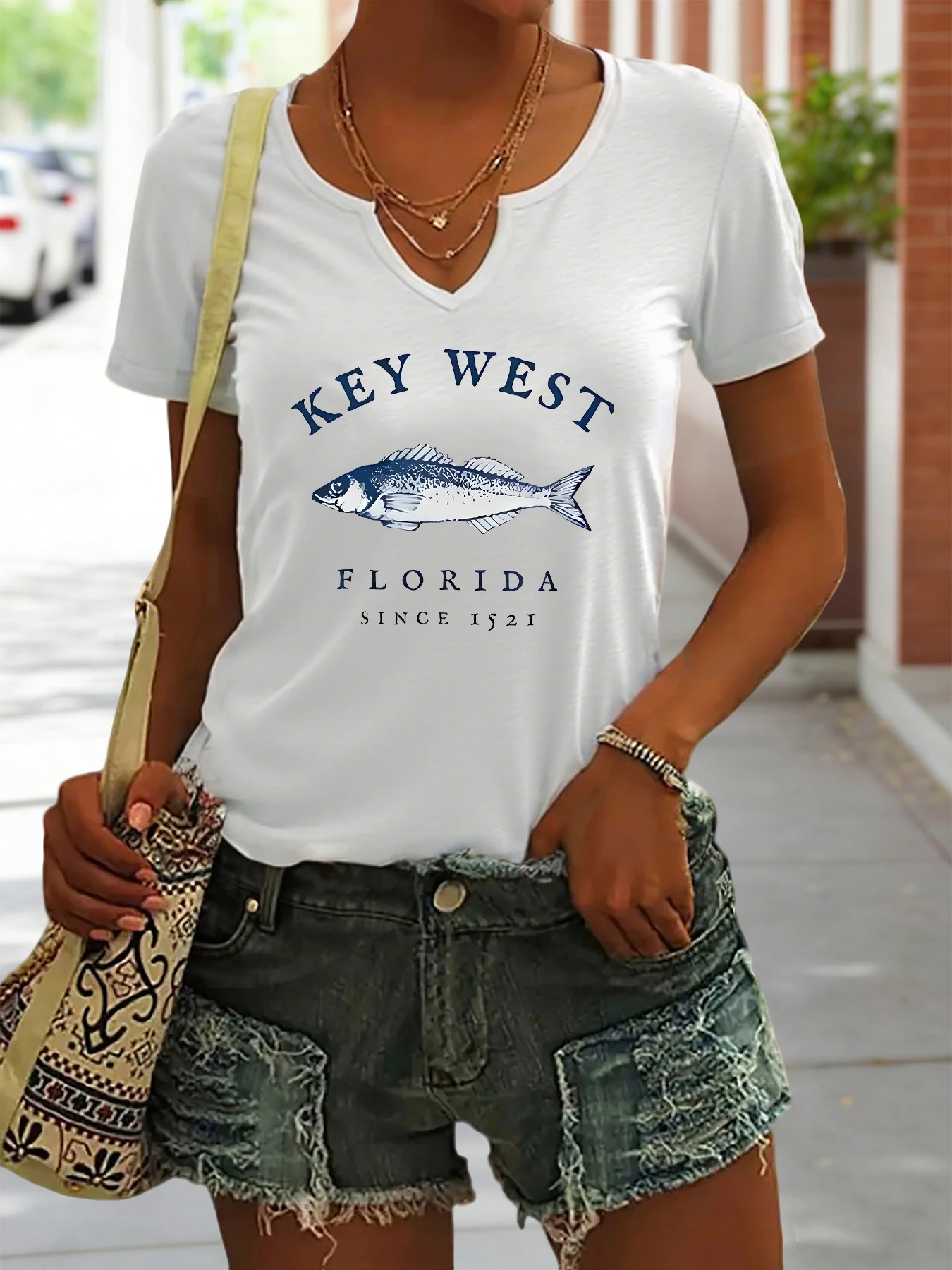 Women's Summer V-Neck Short Sleeve T-Shirt, Key West Florida Vintage Sea Fish Letter Print, Coastal Beach Casual Fashion Top