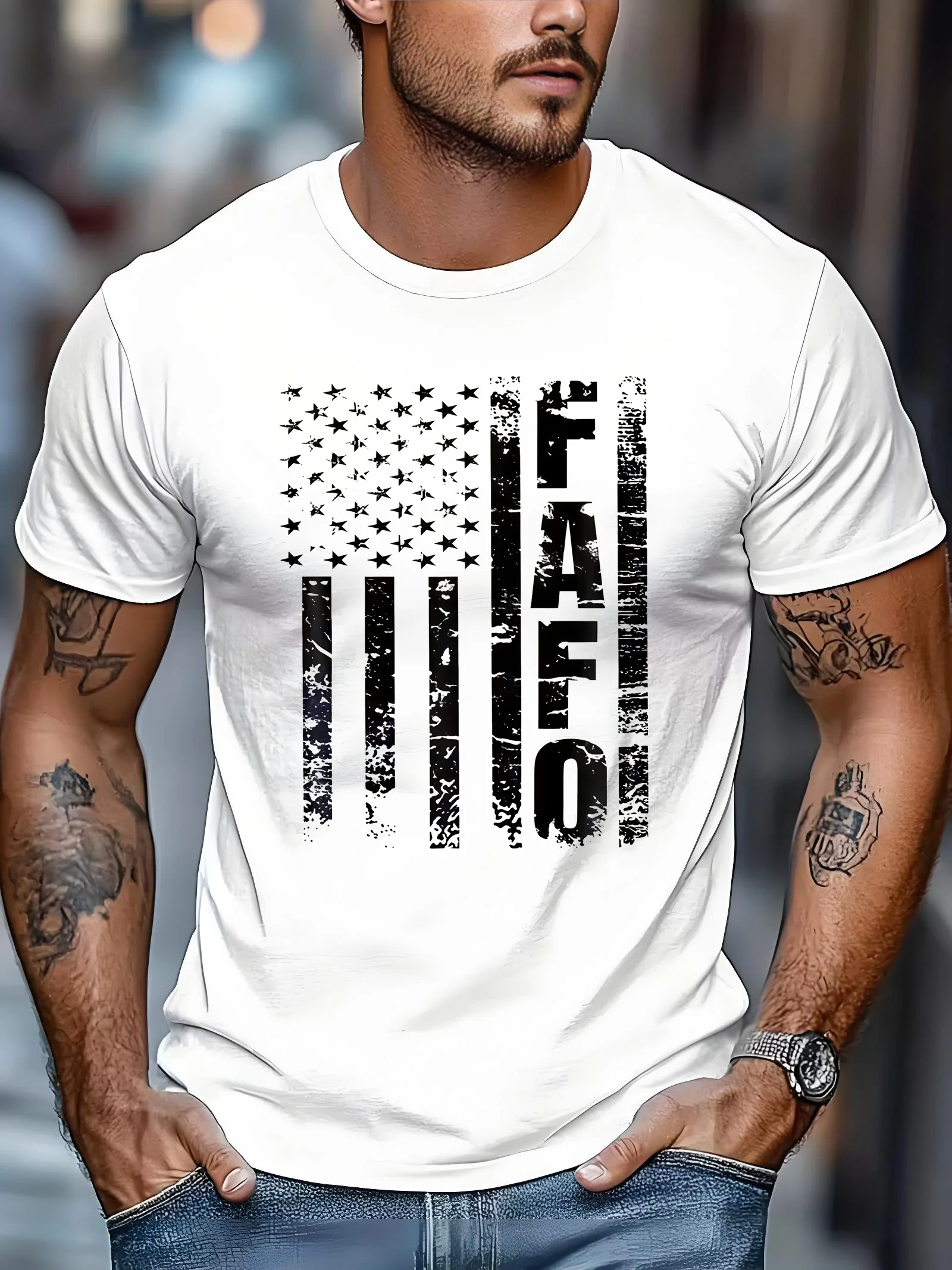 Men's outdoor casual sports T-shirt, FAFO American Flag Pattern T-shirt - Patriotic Wear Design