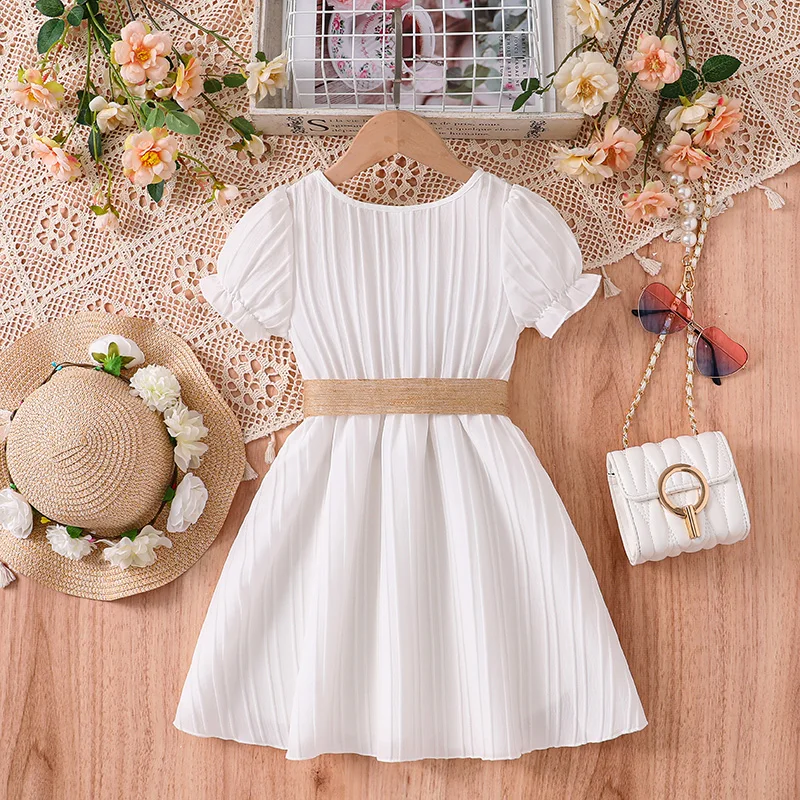 Summer Girl Dress Puff Sleeve Solid  White Fashion Lace Dress + weave Sashes Cute Style Girl 4-7 Age