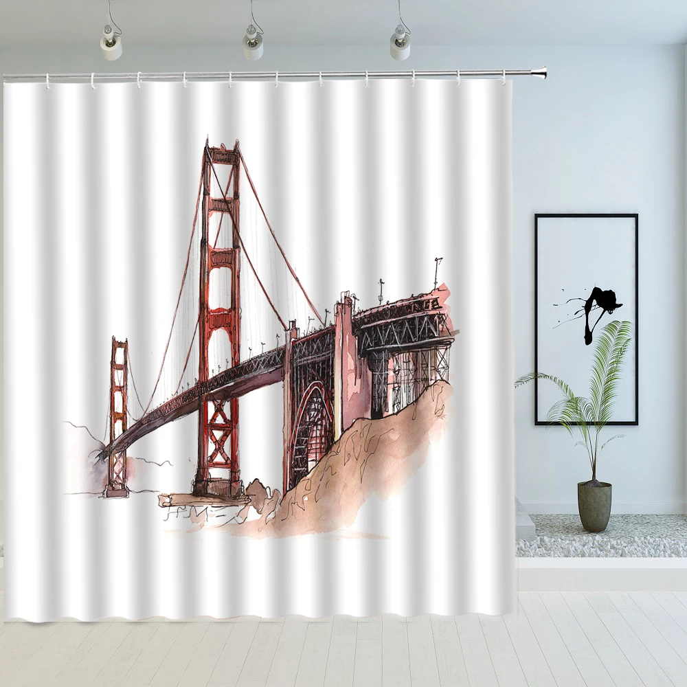 

London Bridge Shower Curtain New York Brooklyn Bridge City Scenery Print Waterproof Fabric with Hooks Bath Screen Bathroom Decor