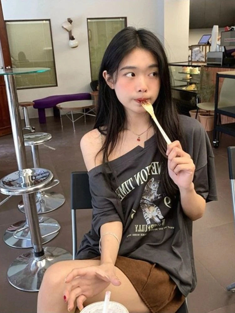 

Y2k Harajuku сексуальная футболка с открытыми плечами женская винтажная эстетичная футболка большого размера в корейском стиле свободные топы с буквенным принтом уличная одежда