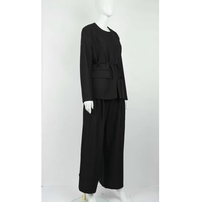 Kwtx 2025 primavera verão feminino cor sólida pantsuit conjunto blazer calças de perna larga zíper frente fenda em torno do pescoço gravata casual elegante
