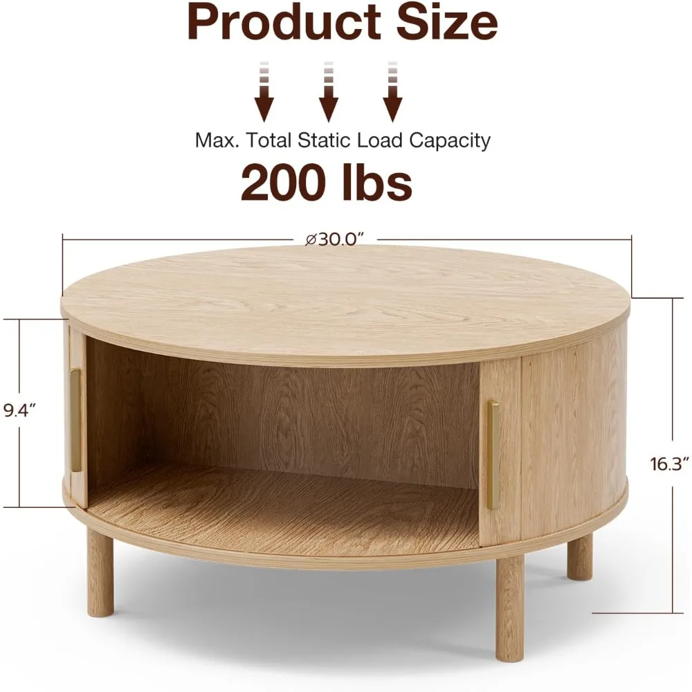طاولة قهوة لغرفة المعيشة، طاولة قهوة مستديرة حديثة مع خزائن وأبواب منزلقة، مساحة صغيرة للمنزل، علامة تبويب مركزية مخددة 29.9 بوصة