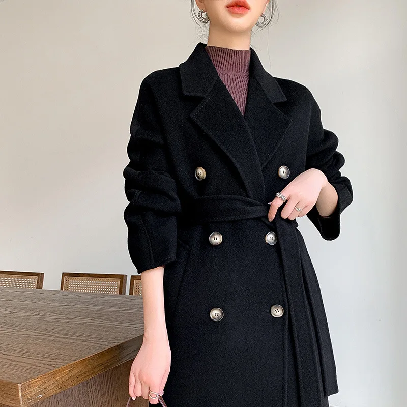 

2023 New Casual Double Sided 100% Wool Coat Women Fashion Lapel Double Breasted Long Woolen Jacket Loose Female Fit Autumn Winte