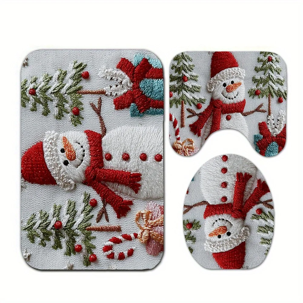 

Набор ковриков для ванной с рождественским снеговиком из 3 предметов с крышкой унитаза + U-образный напольный коврик, супермягкий впитывающий нескользящий праздничный декор