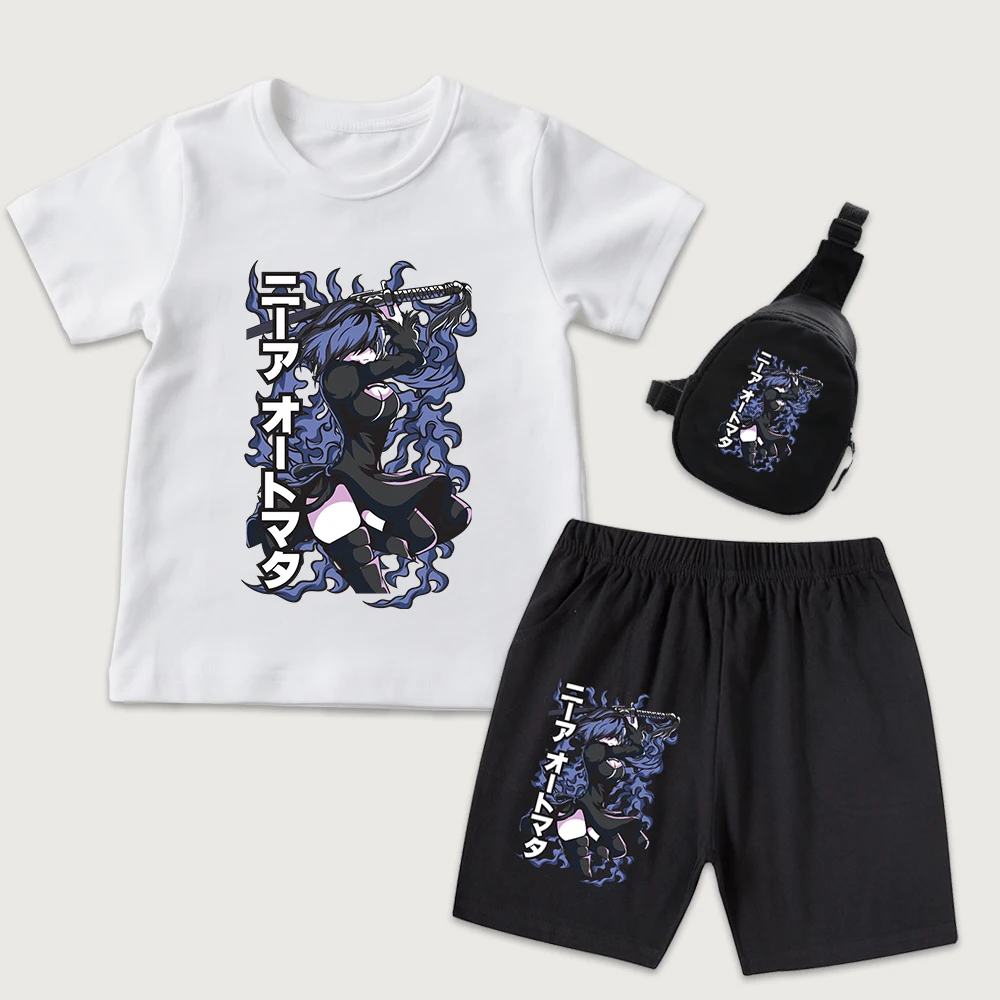 Nier Automata Anime Print Cotton T Shirt Shorts Mini Chest Bag 3pcs Set Casual Summer Outfit for Kids Boys Girls