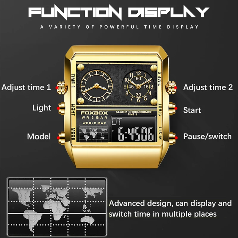 FOXBOX New Fashion Watches Men LIGE Brand Luxury Square Mens Watch Dual Display Waterproof Quartz Wristwatches Male Reloj Hombre