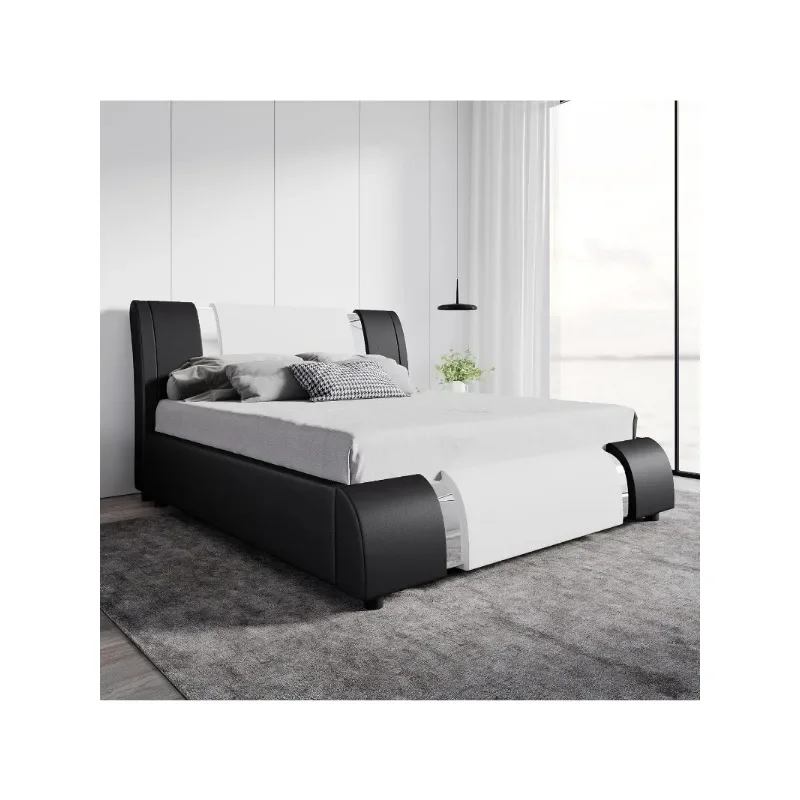 

Platform Bed Frame with Iron Pieces Decor and Adjustable Headboard/Deluxe Upholstered Modern Bed with Solid Wooden Slats