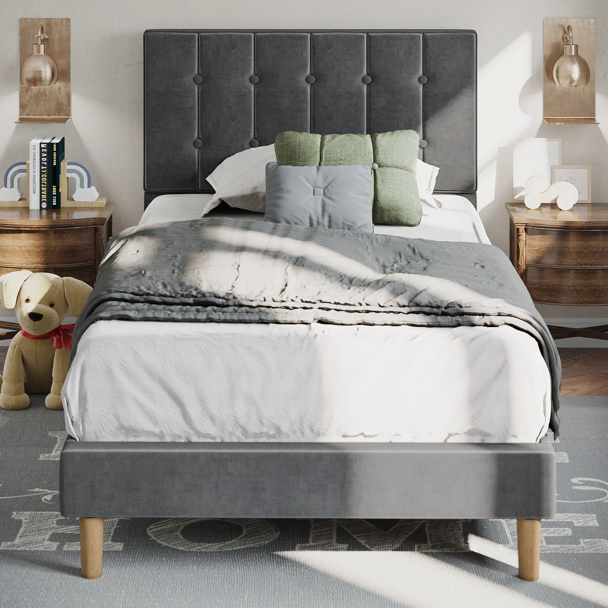 LIKIMIO Velvet Upholstered Twin Platform Bed Frame with Headboard and Strong Wooden Slats, No Box Spring Needed, Grey