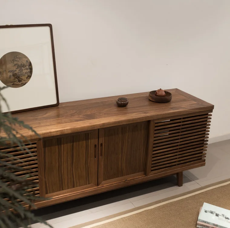 Armário de TV de madeira maciça de nogueira preta Nova combinação de gabinete audiovisual chinês Armário de sala de estar Piso de madeira maciça