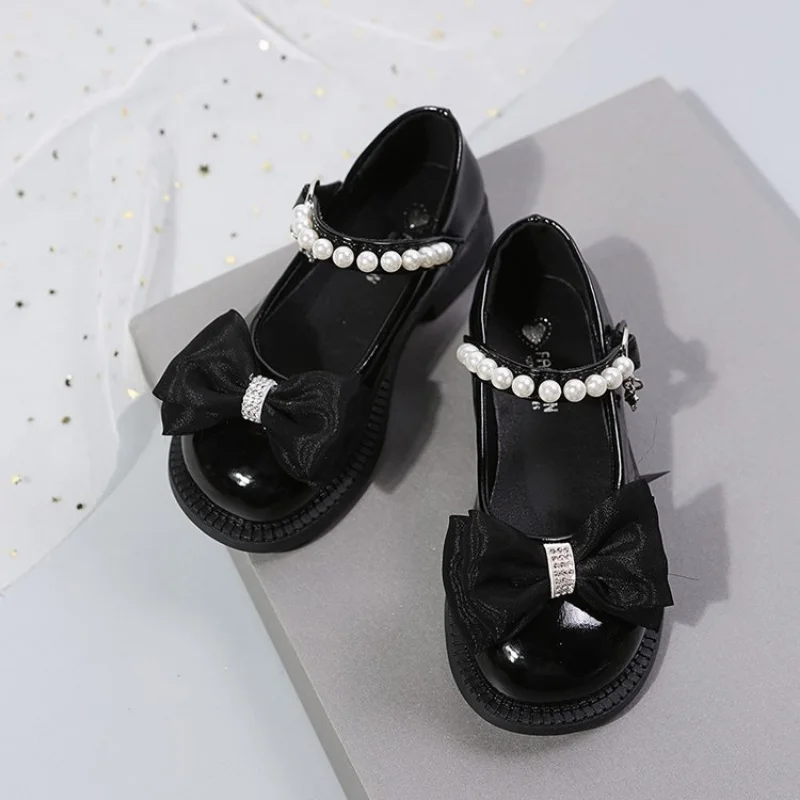 26-37 bow Children Leather Shoes Fashion Patent Leather Girl\'s Flat Shoes Black beige School pearl Kids Princess Mary Janes Shoe