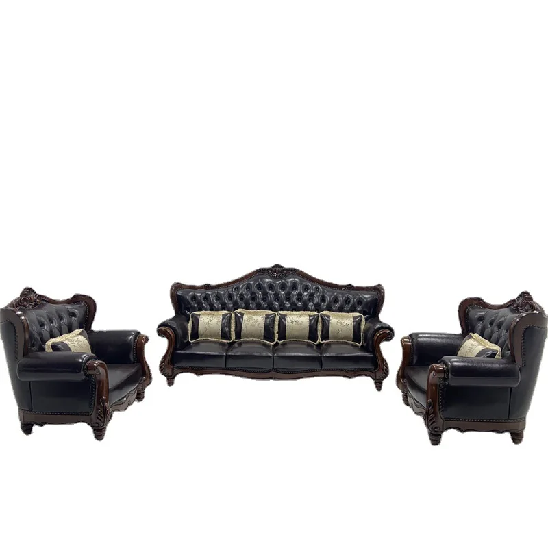 

American retro walnut leather sofa, full solid wood carving flower combination simple and beautiful living room furniture