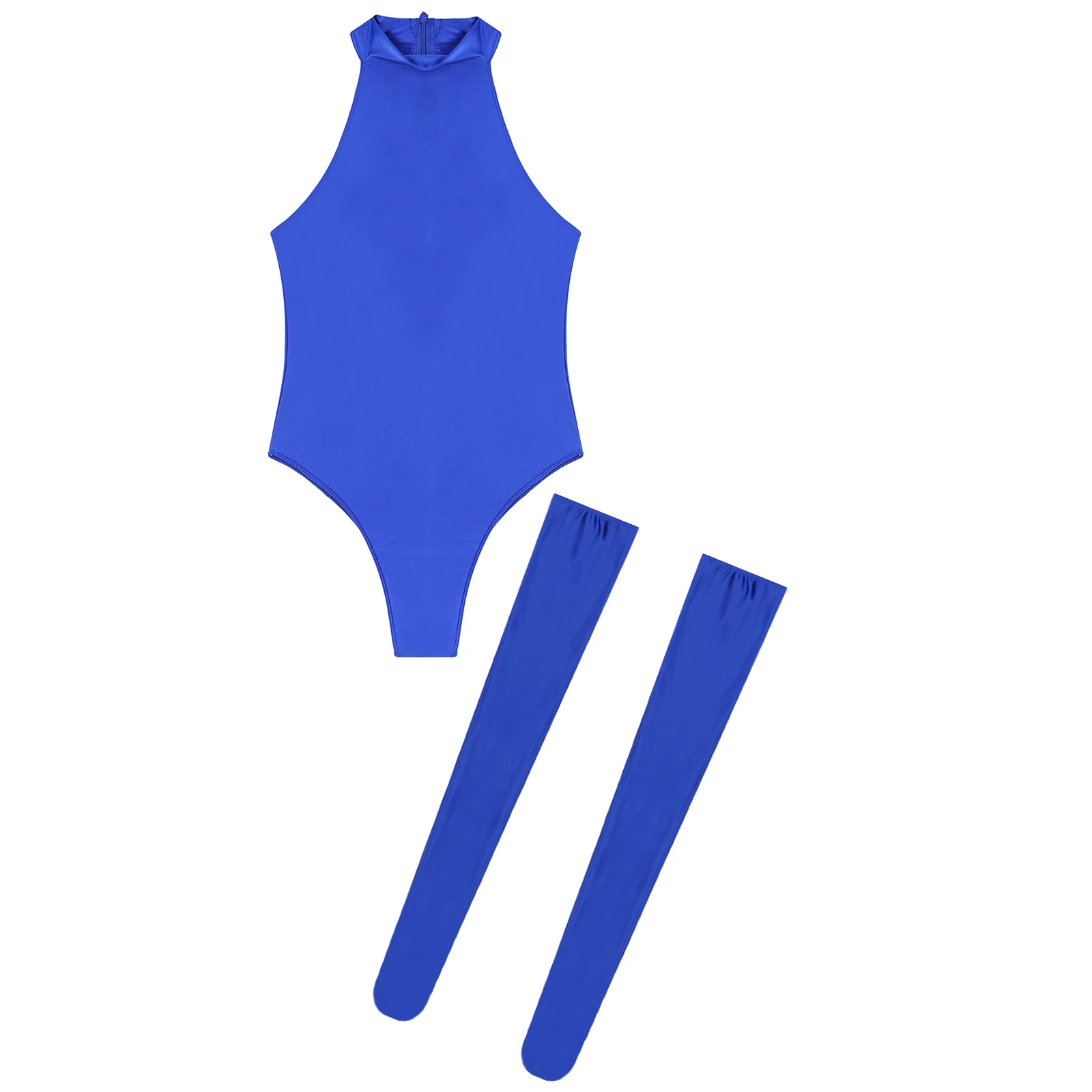 Womens Glossy Bodysuit Mock Neck Sleeveless Solid Color Leotard Swimwear Beachwear Nightwear Jumpsuit with Thigh High Stockings