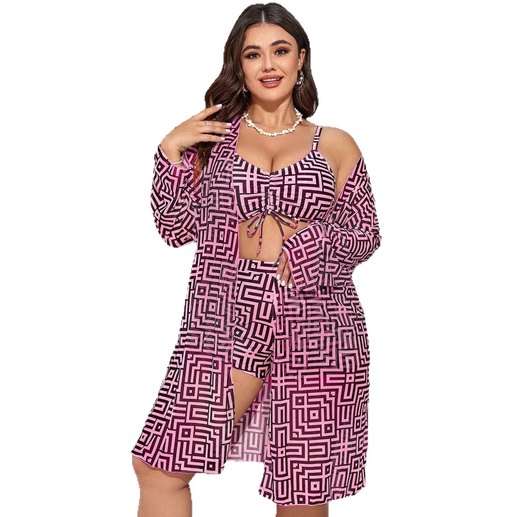 Plus Size 3‑Piece Geometric Print Swimsuit Front Tie Cami Top High Waist Shorts Long Sleeve Kimono Cover‑Up Beach Bathing Suit view 4