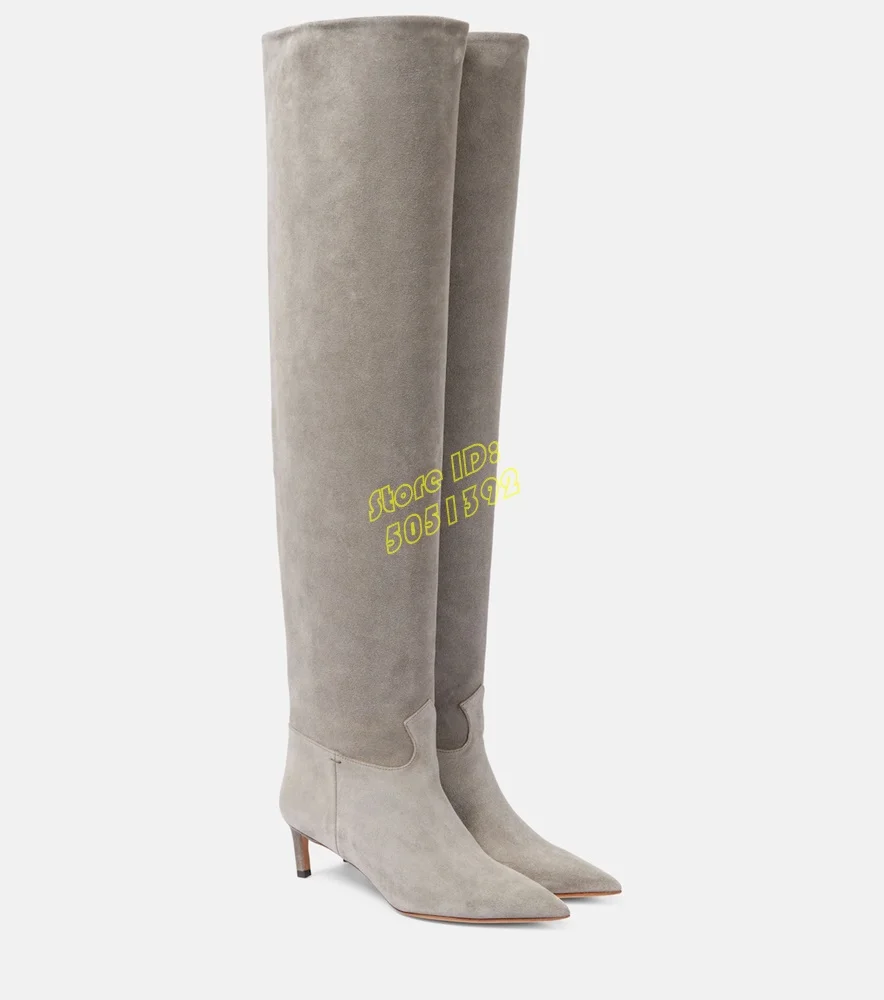 Grey Suede Over The Knee Boots Kitten High Heel Sexy Pointy Toe Slip On Fashion 2024 Winter Autumn Runway Women Dress Shoes