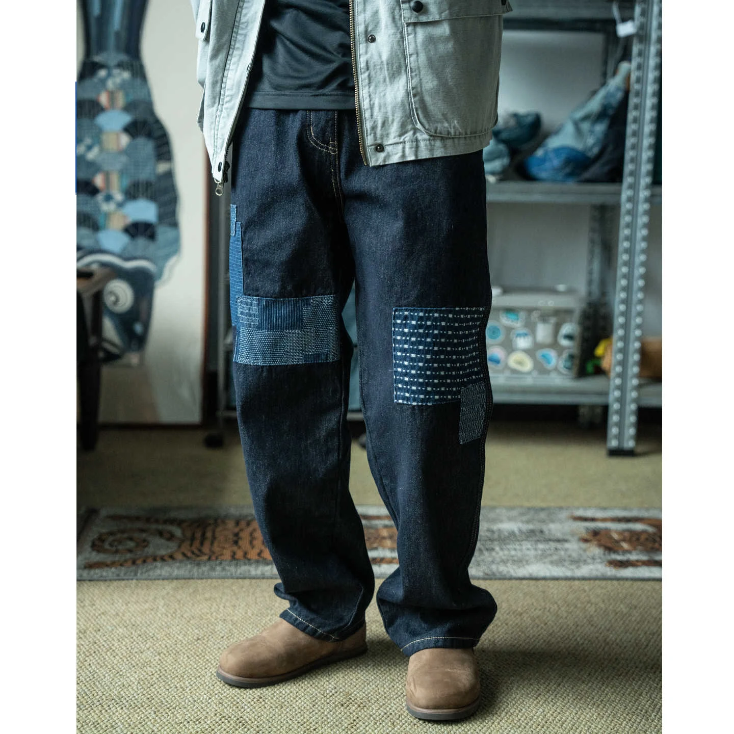 Japanese Retro Patchwork Denim Jeans Loose Straight Leg Washed Original Color Pants