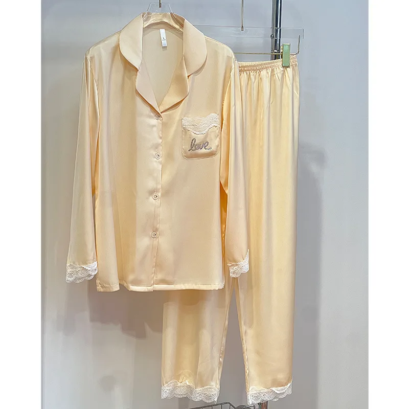 

Summer luxury long-sleeved trousers double lace ice silk pajamas women's household clothing suit