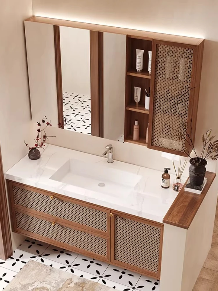 

Тумба для ванной комнаты в средневековом стиле из ротанга, бесшовная интегрированная раковина из каменной плиты, комбинированный шкаф-тумба для умывальника из дуба