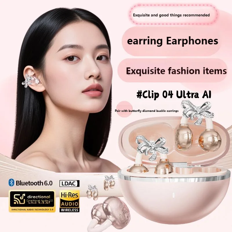 

Bow-Shaped Clip-On Bluetooth Earphones HIFI Stereo Call Noise Reduction Waterproof Wireless Earrings Headphones Girls Earbuds