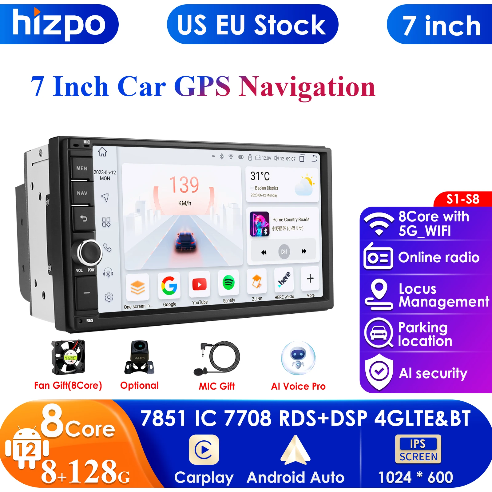 8GB 128GB Car Radio GPS 2 din Android 13 Auto Carplay 4G-NET Universal 7