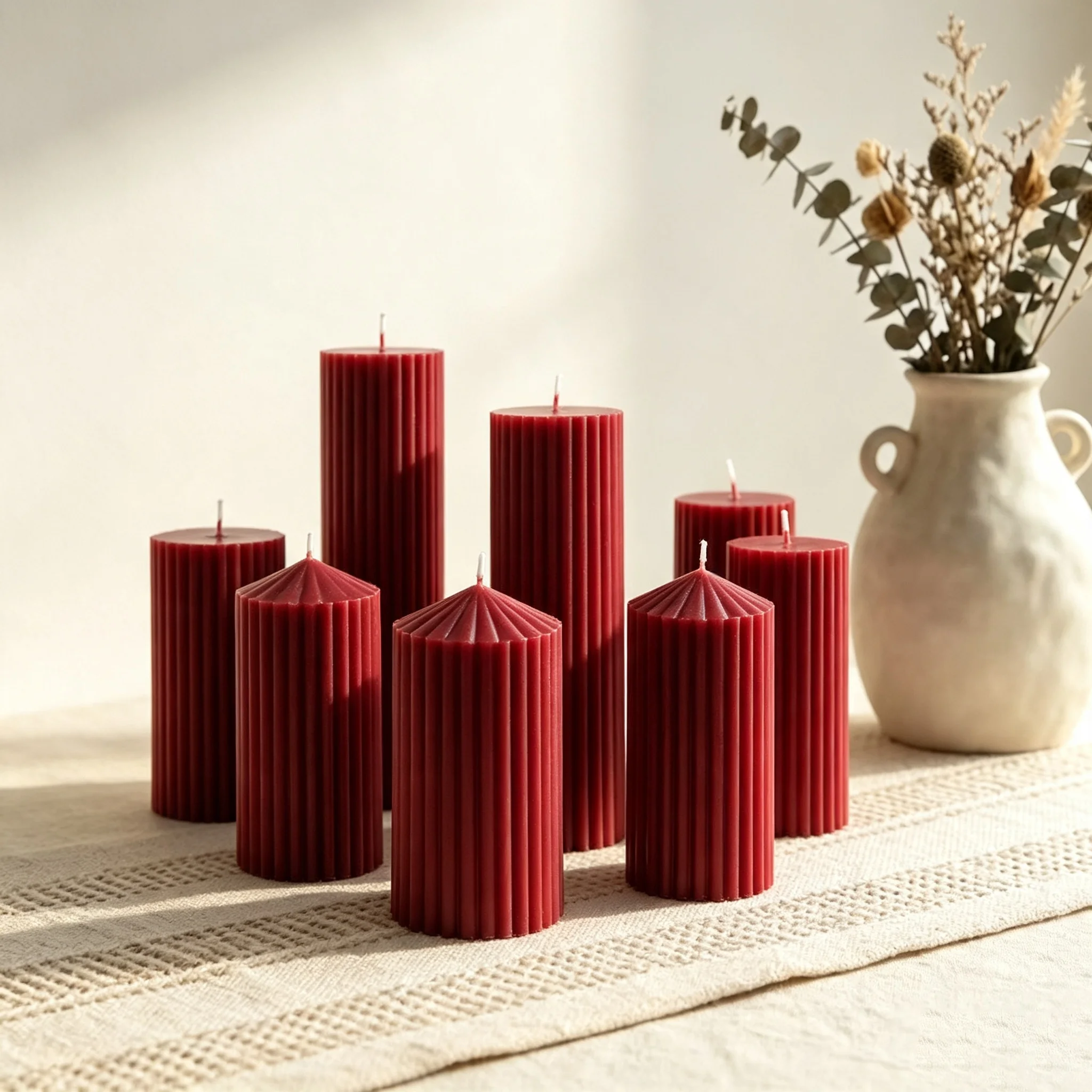 Vintage Burgundy Ribbed Pillar Candles Smokeless Soy Wax Rose Scent Home Wedding Table Holiday Decor Gift