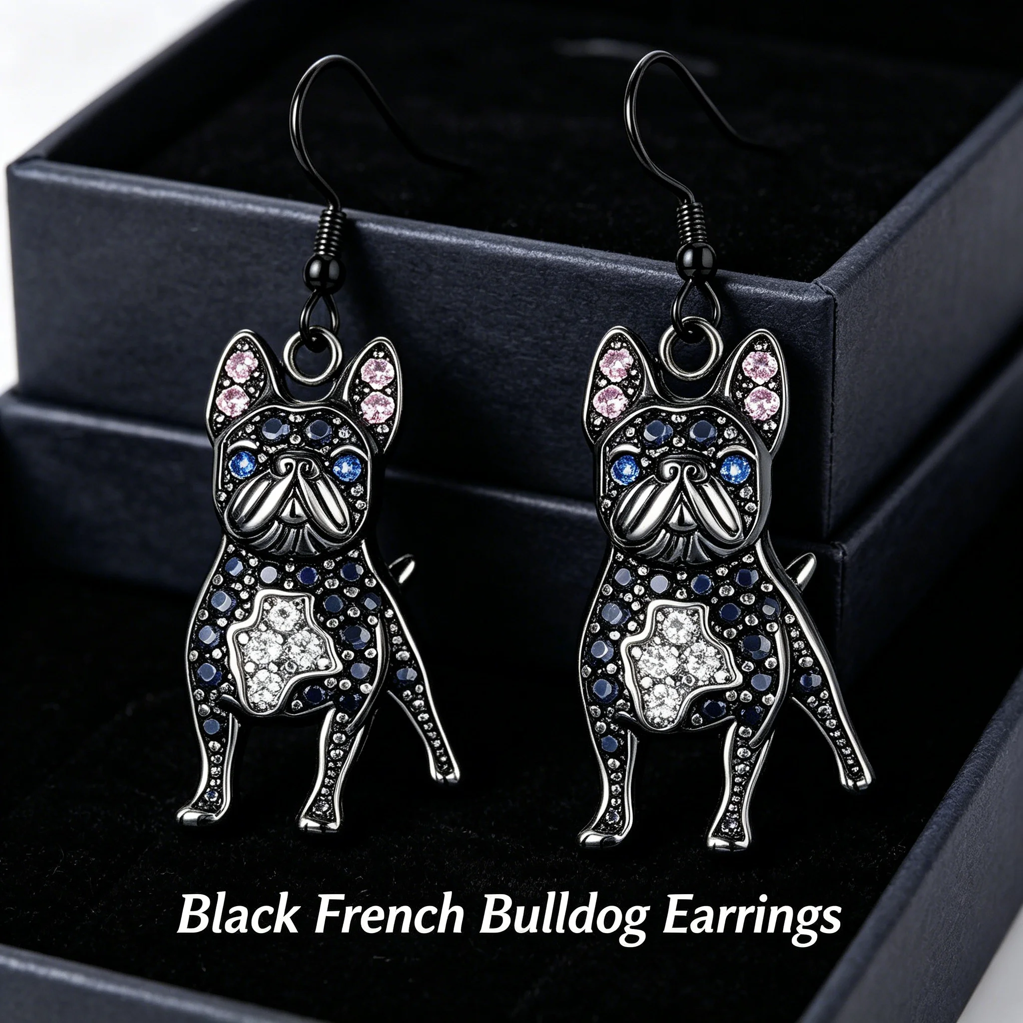 Black French Bulldog Sparkling Dangle Earrings Pet Dog Lover Unique Elegant Women Casual Daily Party Jewelry Gift