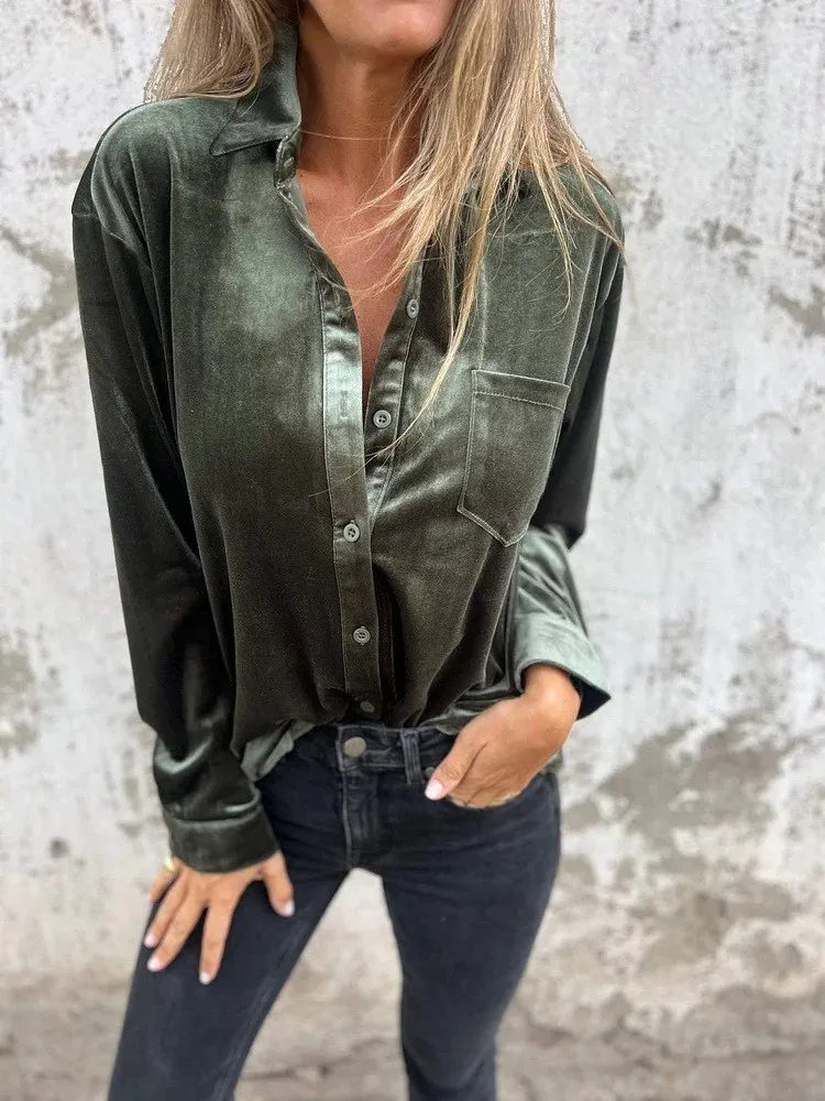 Autumn Winter Gold Velvet Pocket Shirt For Women 2024 Lapel Long Sleeve Button Blouse Top Fashion Loose Solid Color Top Female