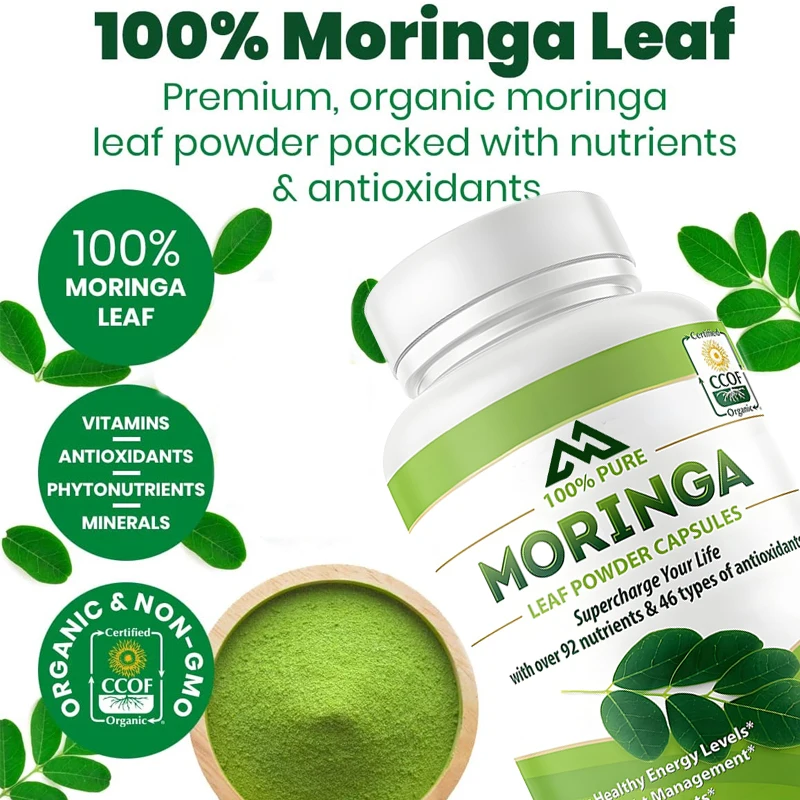 Moringa vegetarian capsules 500mg contain organic natural Moringa leaf powder for metabolism and immune support -60 capsules