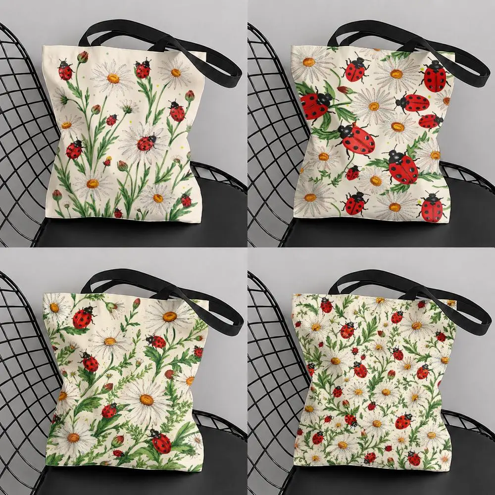 Ladybug Daisy Pattern Storage Bags Large Capacity Canvas Tote Bag Reusable Shoulder Handbag for Daily Shopping Travel