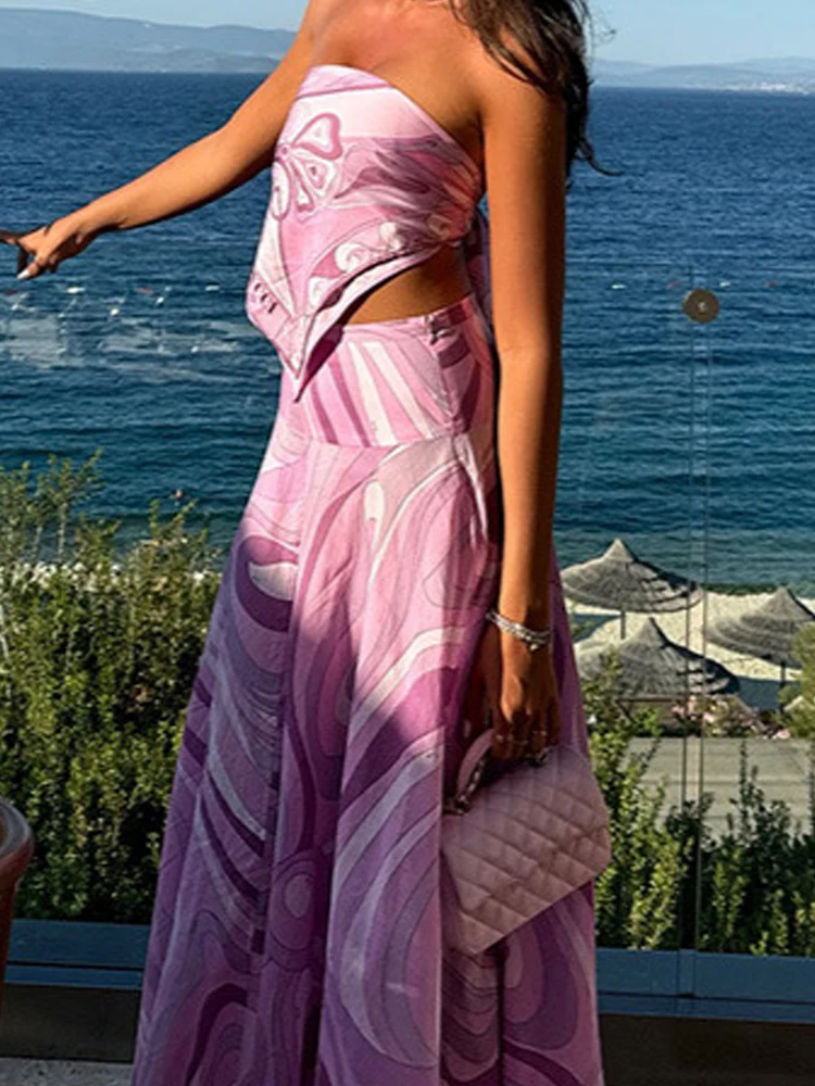 

Fashion Sleeveless Party 2Pc Sets Sexy Strapless Tops & Long Skirt Outfits Women Elegant Pattern Priint Irregular Vacation Suit