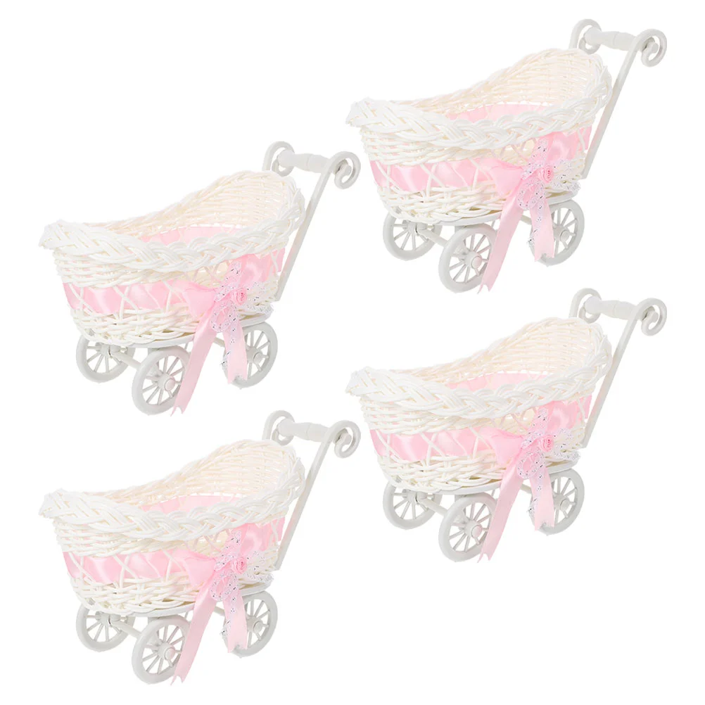 4 Pcs Woven Baby Shower Favor Basket Stroller Shape Decorative Party Supplies Wedding Candy Flower Storage Party