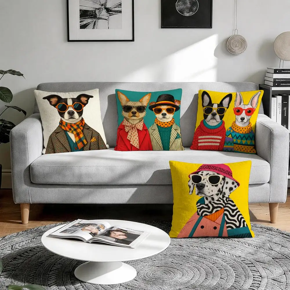 Fashion Dog Wall Art Cushion Cover 1/4Pcs Linen Throw Pillow Covers Double-Side Print Sofa Couch Living Room Decor