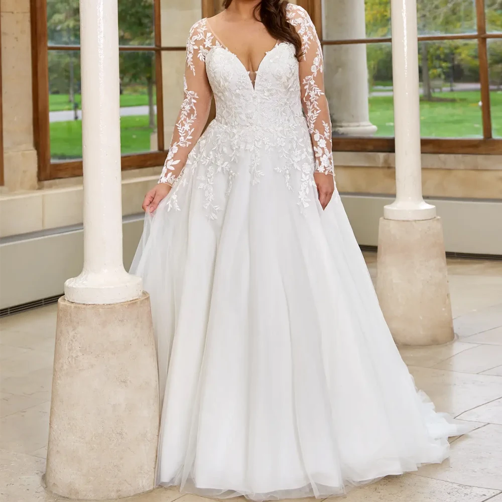 Maßgeschneiderte Brautkleider mit tiefem V-Ausschnitt, vollen Ärmeln, Brautkleid, Applikation, Schnürung, Bback, Ballkleid, Tüll, Vestido de Novia