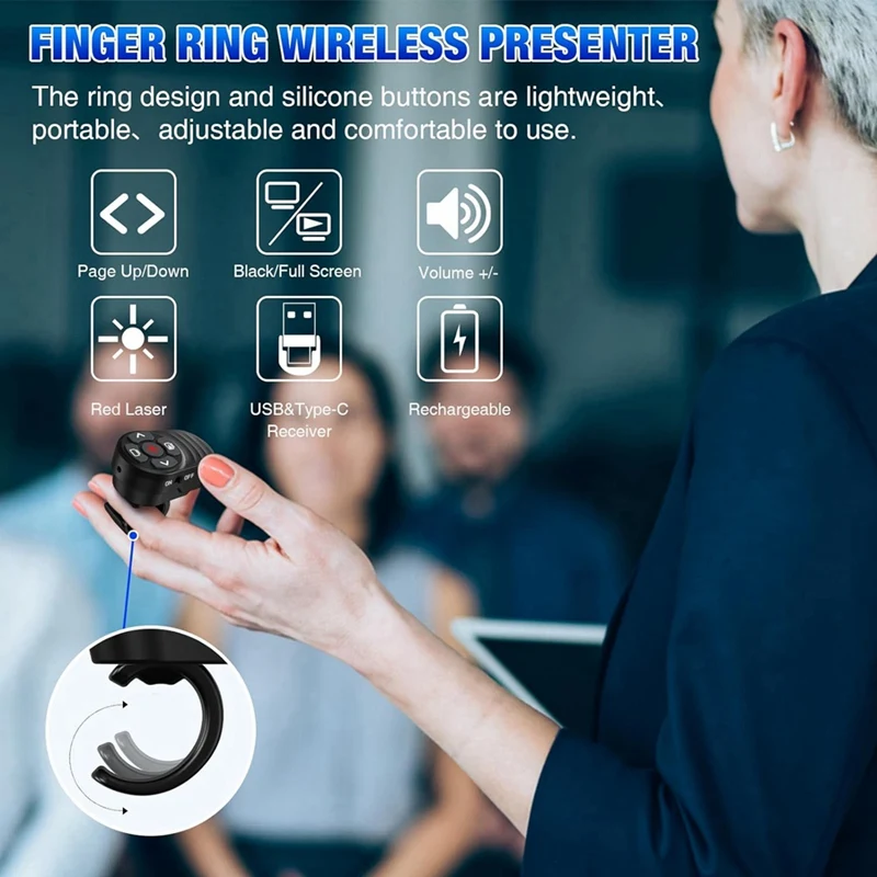 Rechargeable USB Type C Wireless Presentation Clicker, Finger Ring Presentations Powerpoint Clicker With Light Pointer