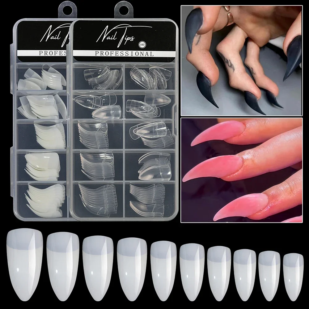100Pcs Hawk Curved Nail Tips Full Cover Eagle Claw Curve False Nails Extension White/Clear Fake Nails For Manicure Art Salon