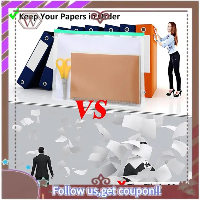 ABBG-40Pcs 3 Hole Binder Pockets A4 Size With Zipper Binder For 3-Ring Binder Loose Leaf Bags Waterproof