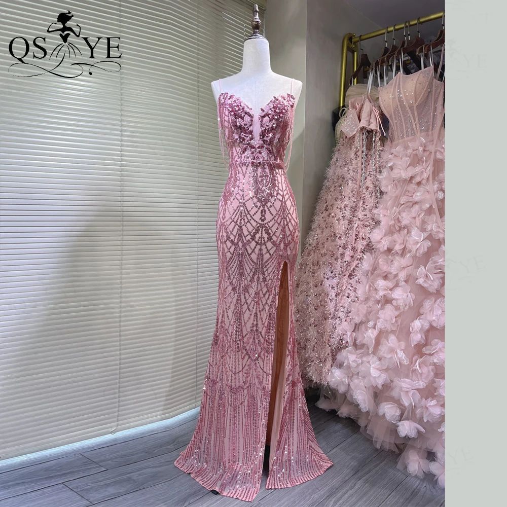 

Pink Sequined Evening Dresses Lace Appliques Bead Spaghetti Straps Prom Gown with slit Floral Sequin Pattern Woman Formal Dress