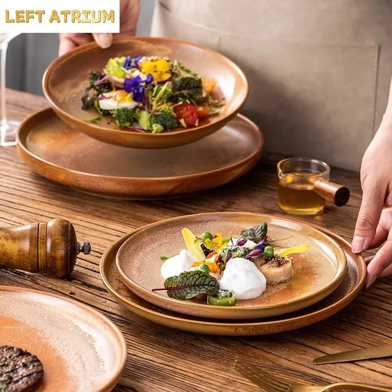 Kiln Changes Yellow Ceramic Plate Vintage Steak Plate Italian Pasta Plate Dessert Salad Plates Artistic Conception Tableware